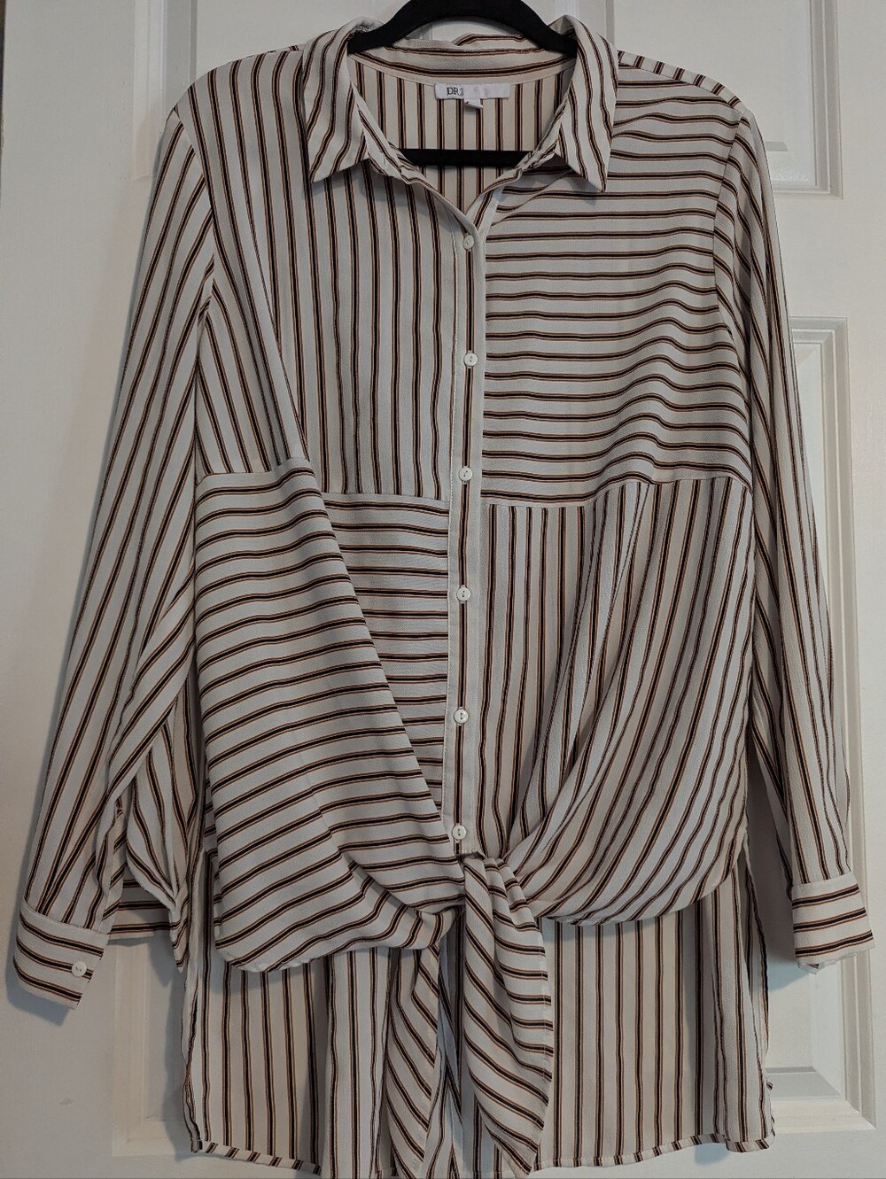 DR2 Striped Button-Front Tie Hem Shirt - White Black And Orange Striped